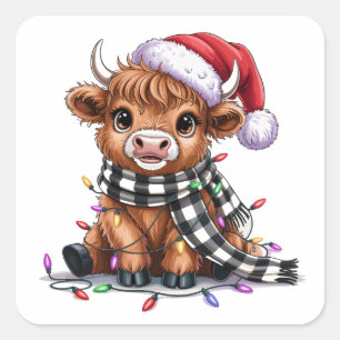 Christmas Lights Highland Cow Santa Hat Square Sticker