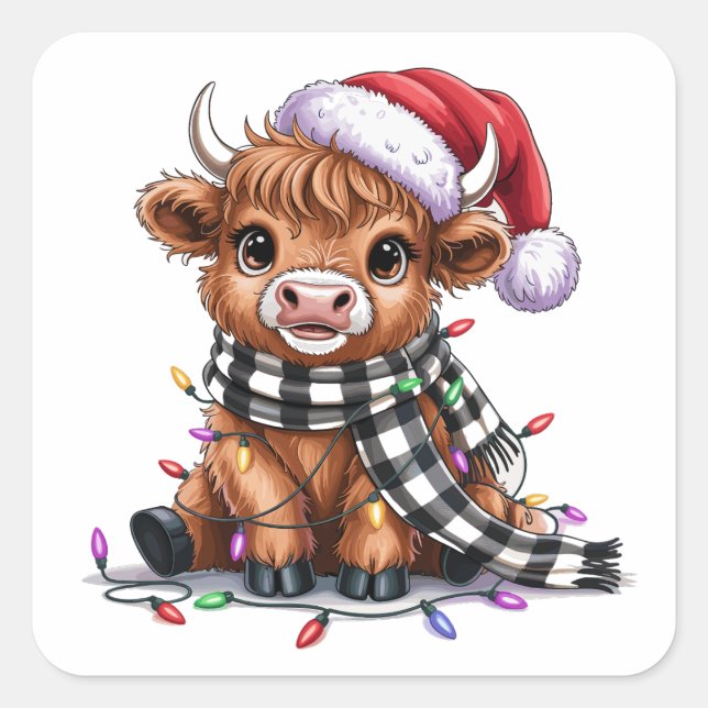 Christmas Lights Highland Cow Santa Hat Square Sticker (Front)