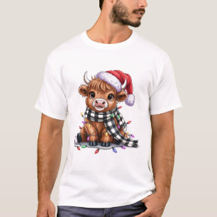 Christmas Lights Highland Cow Santa Hat T-Shirt