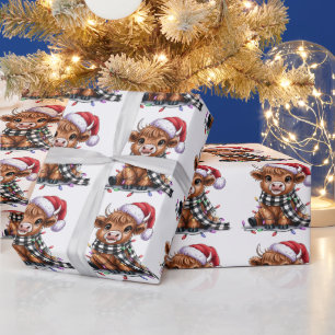 Christmas Lights Highland Cow Santa Hat Wrapping Paper