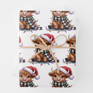 Christmas Lights Highland Cow Santa Hat Wrapping Paper Sheet