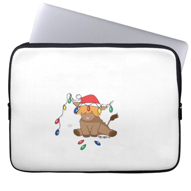 Christmas lights highland cow ugly sweater christm laptop sleeve (Front)