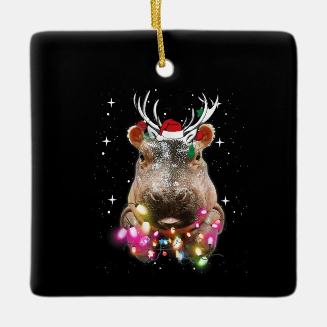 Christmas Lights Hippo Fiona Hippopotamus Lover Ceramic Ornament (Front)