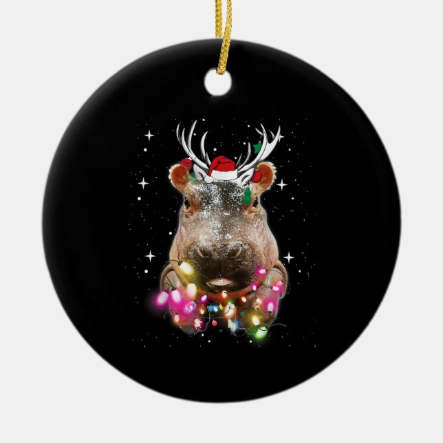 Christmas Lights Hippo Fiona Hippopotamus Lover Ceramic Tree Decoration (Front)