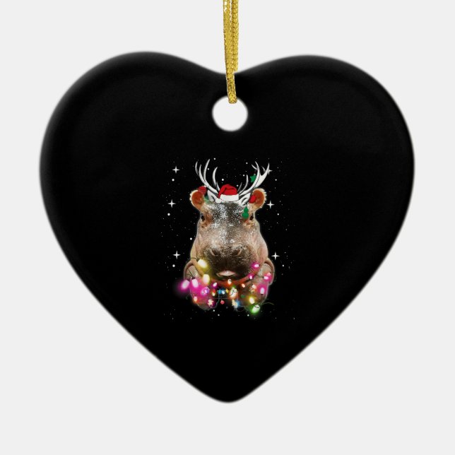 Christmas Lights Hippo Fiona Hippopotamus Lover Ceramic Tree Decoration (Front)