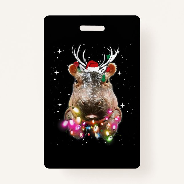 Christmas Lights Hippo Fiona Hippopotamus Lover ID Badge (Front)