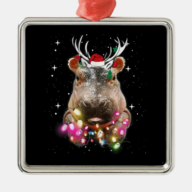 Christmas Lights Hippo Fiona Hippopotamus Lover Metal Tree Decoration (Front)