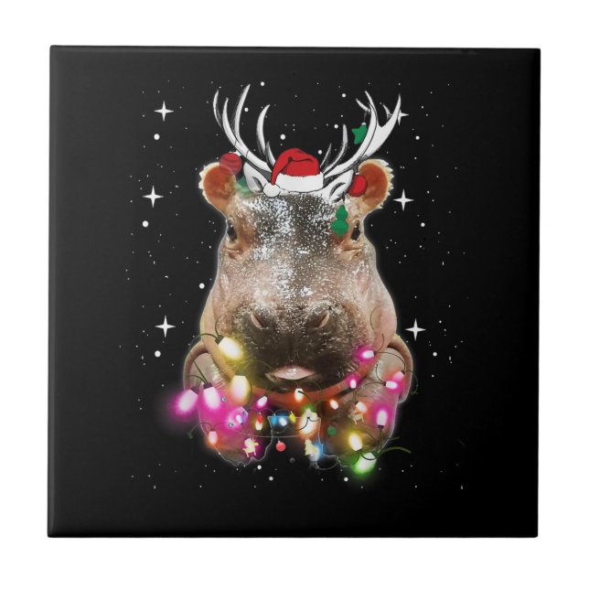 Christmas Lights Hippo Fiona Hippopotamus Lover Tile (Front)