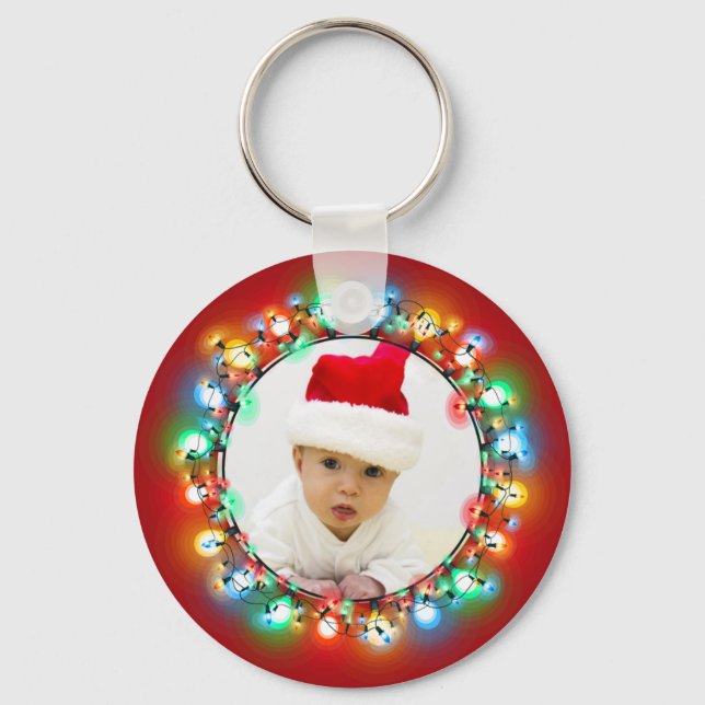 Christmas Lights Holiday Photo Wreath on Red Key Ring (Front)