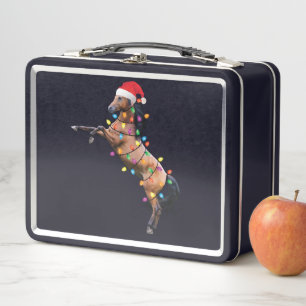 Christmas Lights Horse Santa Funny Xmas Tree Horse Metal Lunch Box