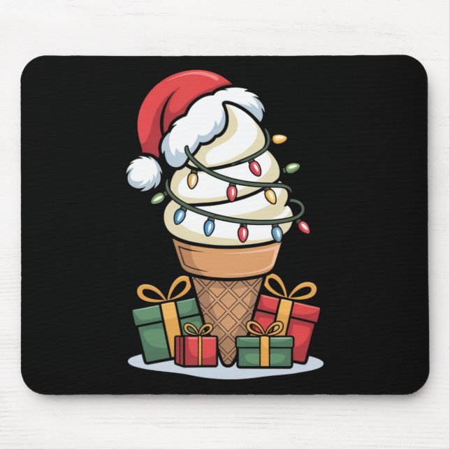 Christmas Lights Ice Cream Cone With Santa Hat Des Mouse Mat (Front)