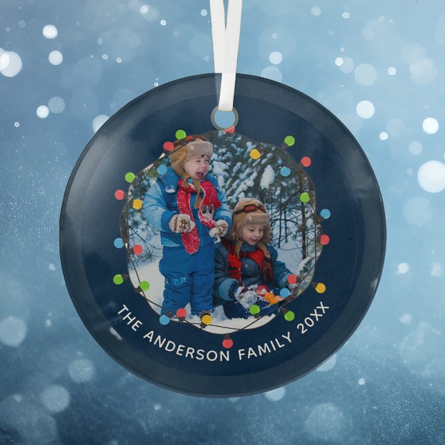 Christmas Lights Kids Photo Navy Blue Personalised Glass Tree Decoration (Creator Uploaded)