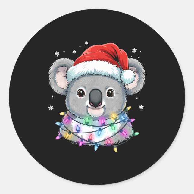 Christmas Lights Koala Santa Hat Cute Xmas Pajamas Classic Round Sticker (Front)
