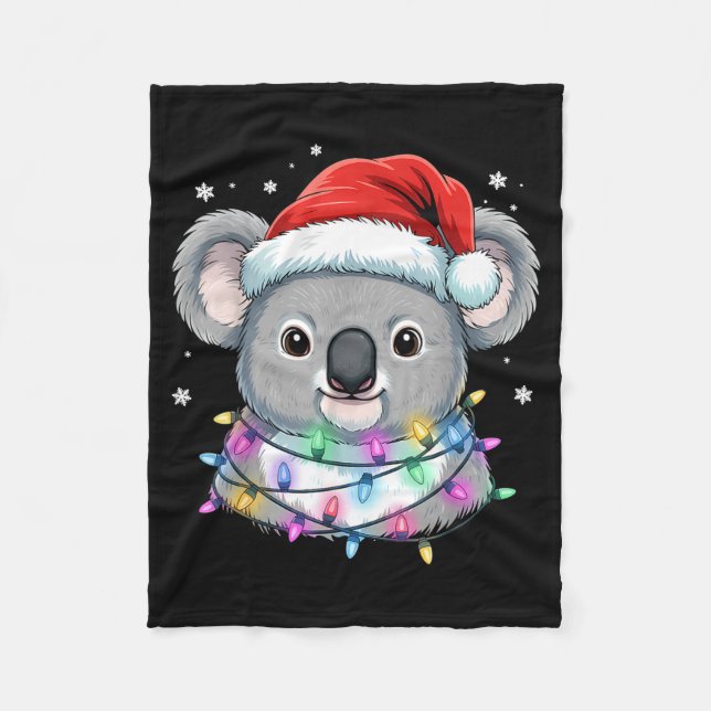 Christmas Lights Koala Santa Hat Cute Xmas Pajamas Fleece Blanket (Front)