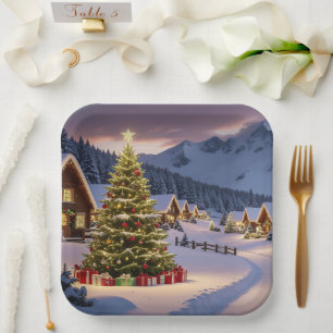 Christmas lights landscape with snow paper plate