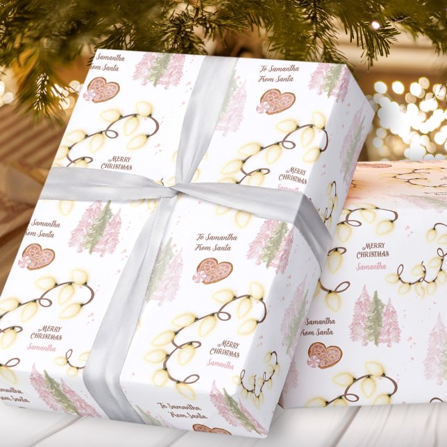 Christmas Lights Modern Pink White Custom Name Wrapping Paper (Christmas Lights Modern Pink White Custom Name Wrapping Paper)