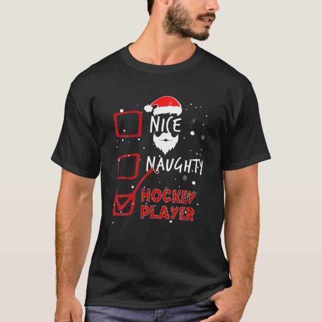 Christmas Lights Nice Naughty Hockey Player T-Shirt (Front)