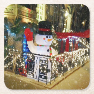 Christmas Lights Nighttime NYC Snowman Square Paper Coaster