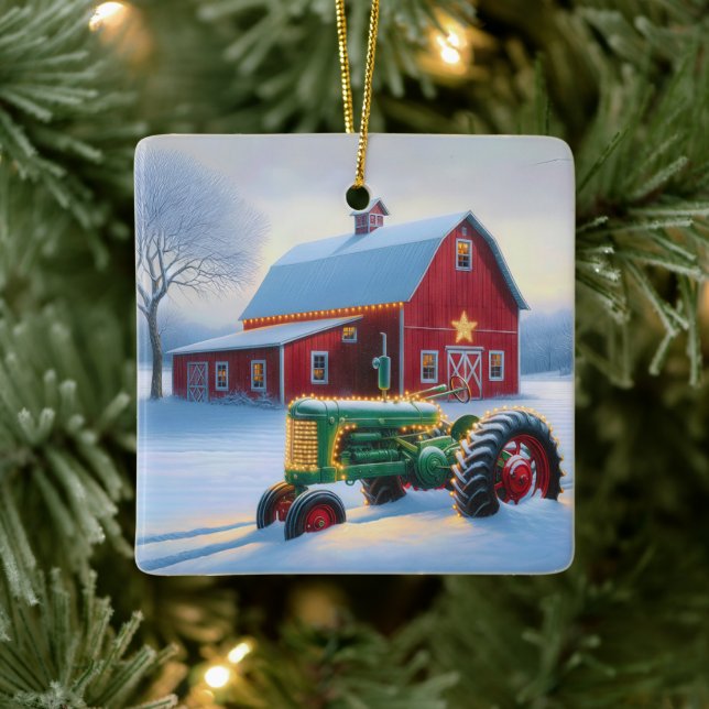 Christmas Lights On a Green Farm Tractor Ceramic Ornament (Tree)