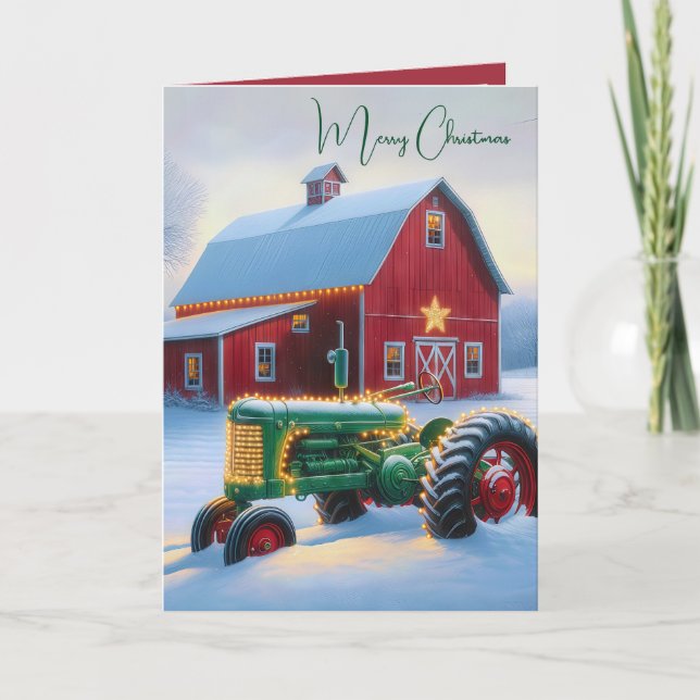 Christmas Lights On a Green Farm Tractor Holiday Card (Front)