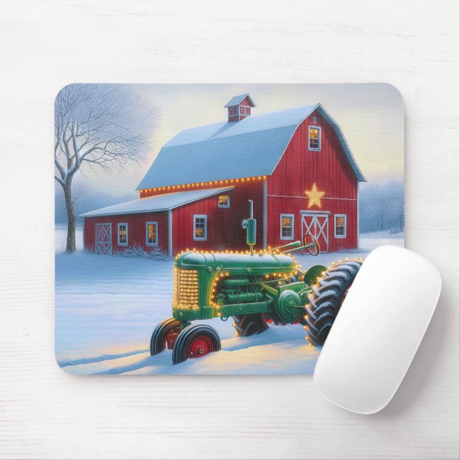 Christmas Lights On a Green Farm Tractor Mouse Mat (With Mouse)