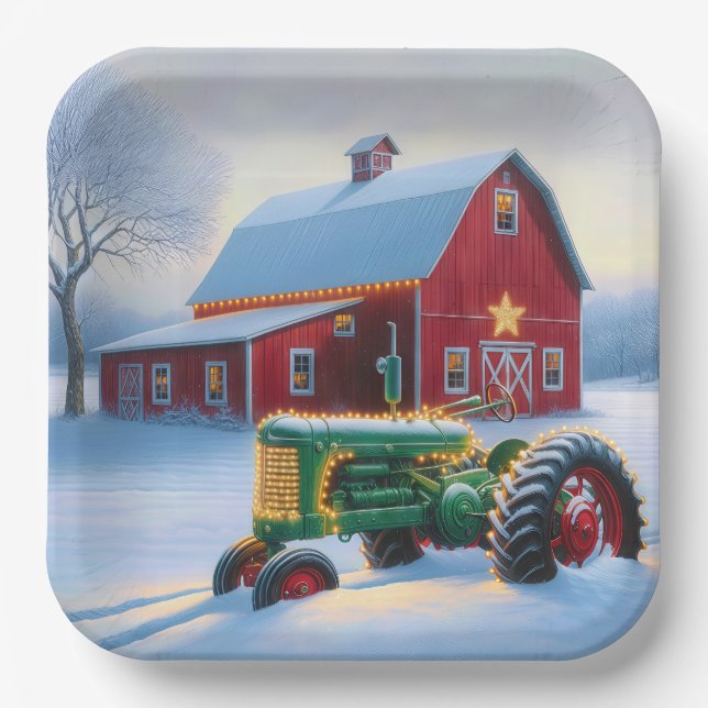 Christmas Lights On a Green Farm Tractor Paper Plate (Front)