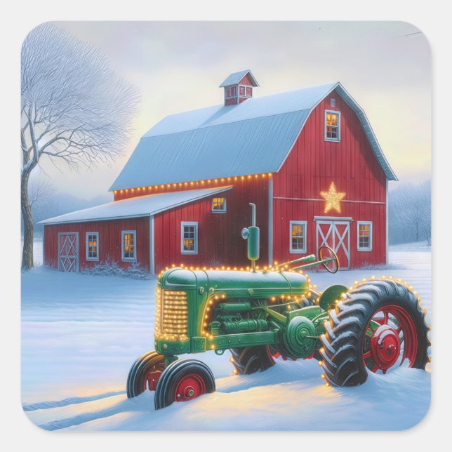 Christmas Lights On a Green Farm Tractor Square Sticker (Front)