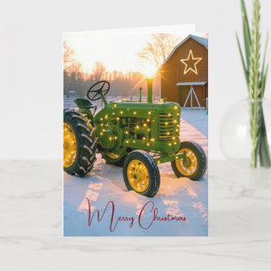 Christmas Lights On a Green Vintage Farm Tractor Holiday Card