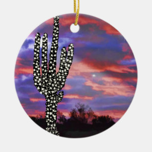 Christmas Lights on Desert Saguaro Cactus Ceramic Tree Decoration