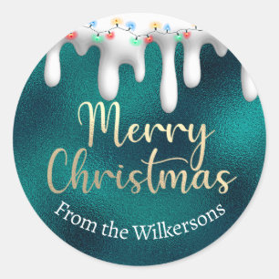 Christmas Lights on Snow Gold and Gree Custom Name Classic Round Sticker