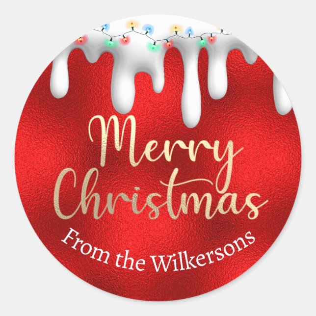 Christmas Lights on Snow Gold and Red Custom Name Classic Round Sticker (Front)