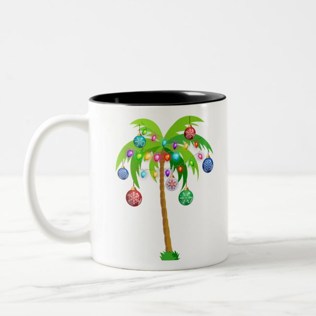 Christmas lights palm tree hawaii beach tropical x Two-Tone coffee mug (Left)