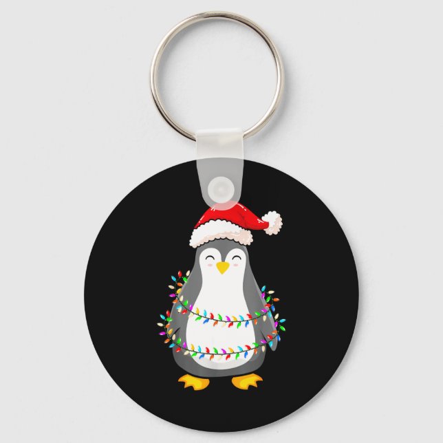 Christmas Lights Penguin Wearing Xmas Hat - Pengui Key Ring (Front)