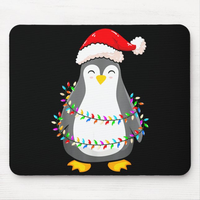 Christmas Lights Penguin Wearing Xmas Hat - Pengui Mouse Mat (Front)