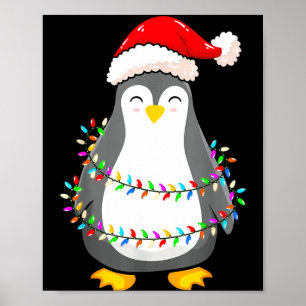 Christmas Lights Penguin Wearing Xmas Hat - Pengui Poster
