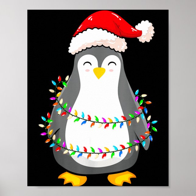 Christmas Lights Penguin Wearing Xmas Hat - Pengui Poster (Front)