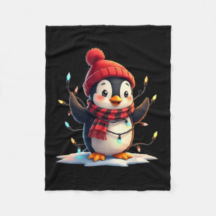 Christmas Lights Penguin Wearing Xmas Hat Penguin Fleece Blanket