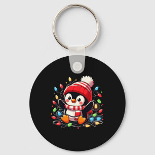 Christmas Lights Penguin Wearing Xmas Hat Penguin Key Ring