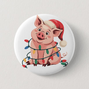 Christmas Lights Pig Wearing Xmas Hat - Pig Lover 6 Cm Round Badge