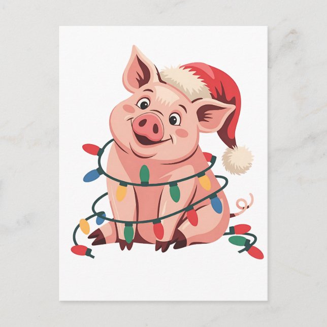 Christmas Lights Pig Wearing Xmas Hat - Pig Lover Announcement Postcard (Front)