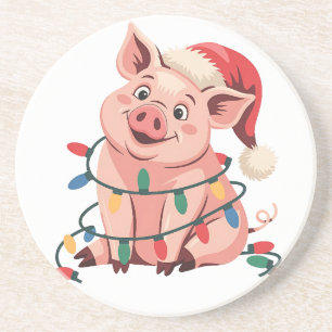 Christmas Lights Pig Wearing Xmas Hat - Pig Lover Coaster