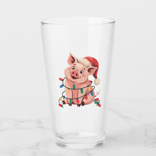 Christmas Lights Pig Wearing Xmas Hat - Pig Lover Glass