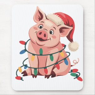 Christmas Lights Pig Wearing Xmas Hat - Pig Lover Mouse Mat