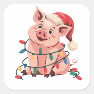 Christmas Lights Pig Wearing Xmas Hat - Pig Lover Square Sticker