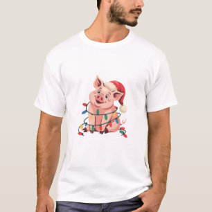 Christmas Lights Pig Wearing Xmas Hat - Pig Lover T-Shirt