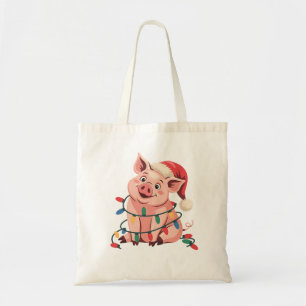 Christmas Lights Pig Wearing Xmas Hat - Pig Lover Tote Bag