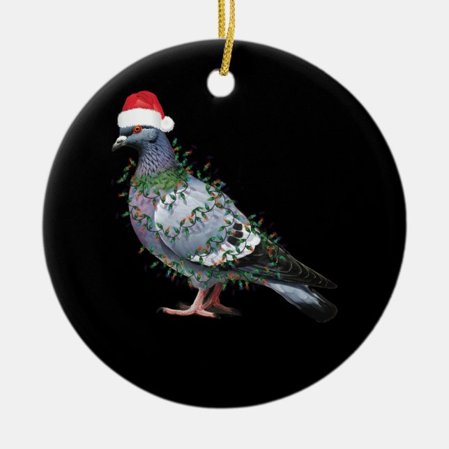 Christmas Lights Pigeon Wearing Xmas Santa Hat Pig Ceramic Tree Decoration (Front)