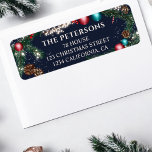 Christmas lights pine branches snow blue festive<br><div class="desc">This elegant return address label features a festive pine garland design adorned with red and teal ornaments, pinecones, and twinkling lights, set against a rich navy blue background. Perfect for adding a touch of holiday cheer to your Christmas cards, invitations, or packages. Personalise with your family name and address for...</div>