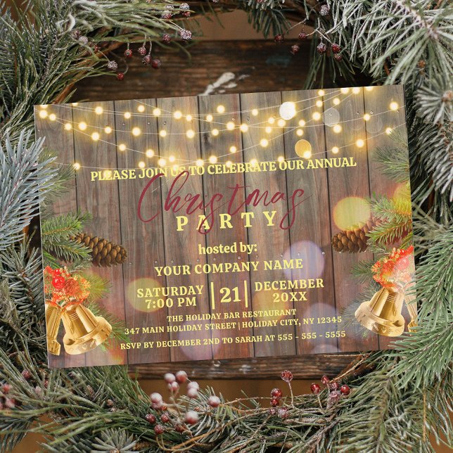 Christmas Lights Pine Cones Bells on Rustic Wood  Invitation (Creator Uploaded)