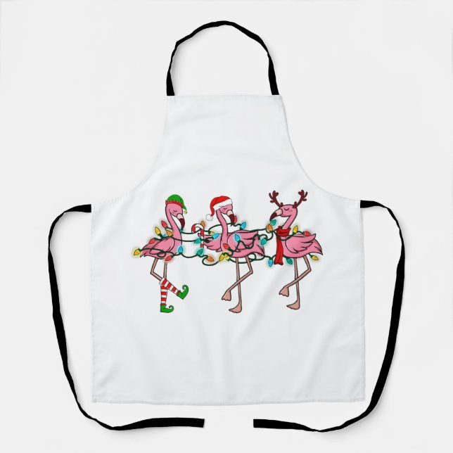 Christmas Lights Pink Flamingo Santa Hat Holiday X Apron (Front)